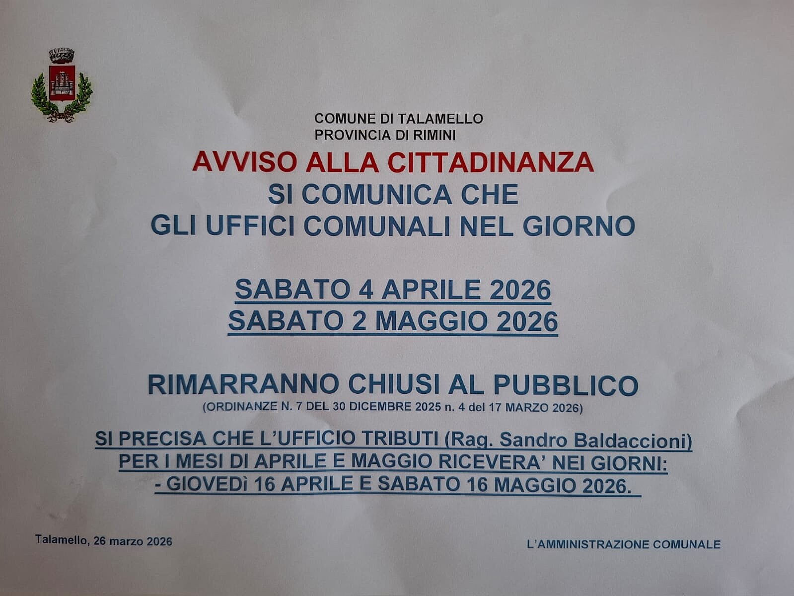 Chiusura Uffici 2 maggio 2026