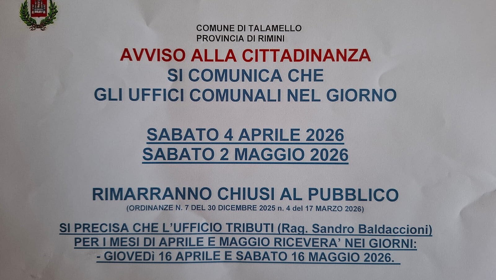 Chiusura Uffici 2 maggio 2026