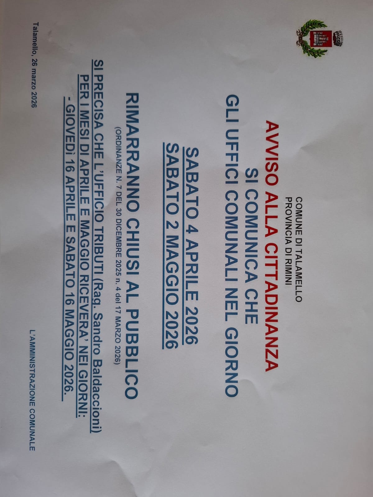 Chiusura Uffici 2 maggio 2026