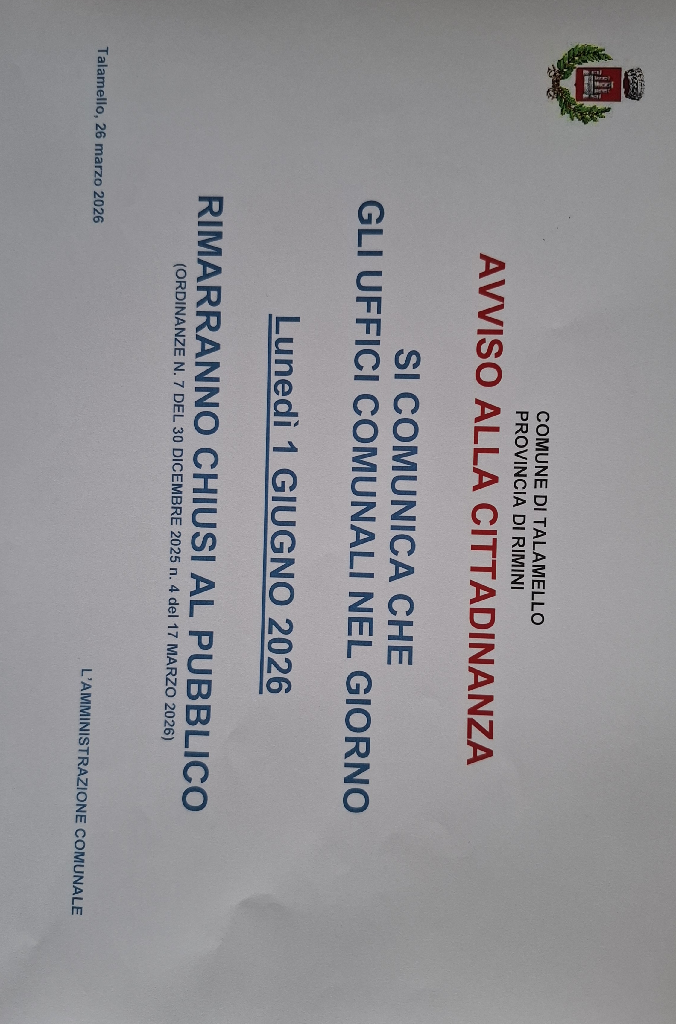 Chiusura 1 giugno 2026